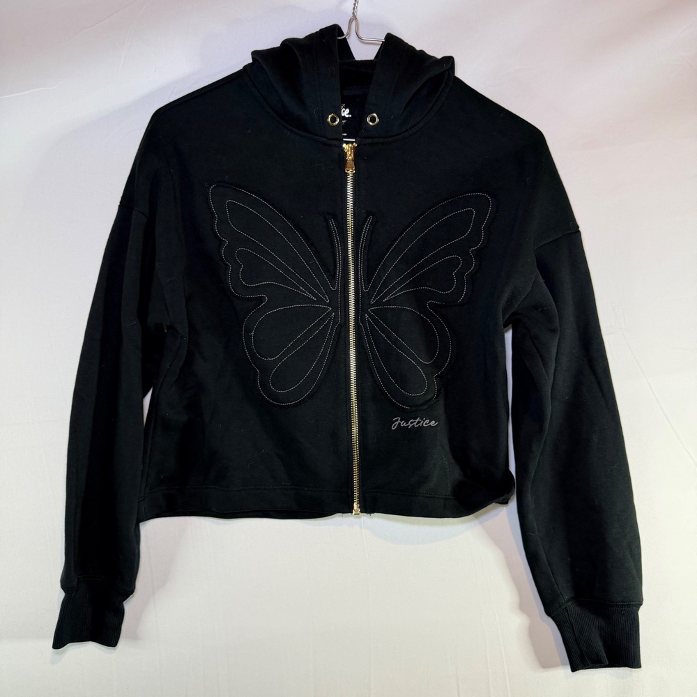 Justice Girls Black Butterfly‎ Zip Up Hoodie Cropped Sweatshirt Size M 10